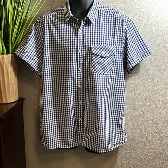 MS13 Kenneth Cole reaction, blue and white checkered, short sleeve button-down s - Picture 1 of 10